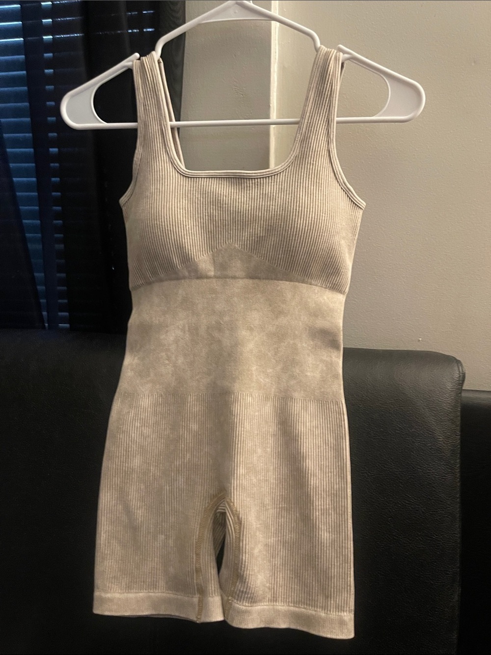 Zenana Women’s Seamless Ribbed Tank Romper Shorts Light Stone/Beige Sz S/M NWOT